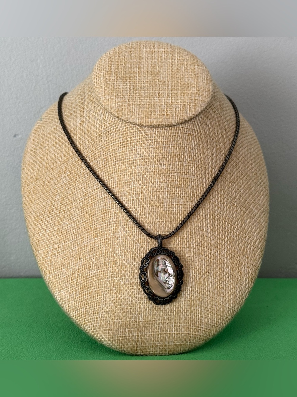 Abalone Vintage Cameo Pendant Necklace Brass